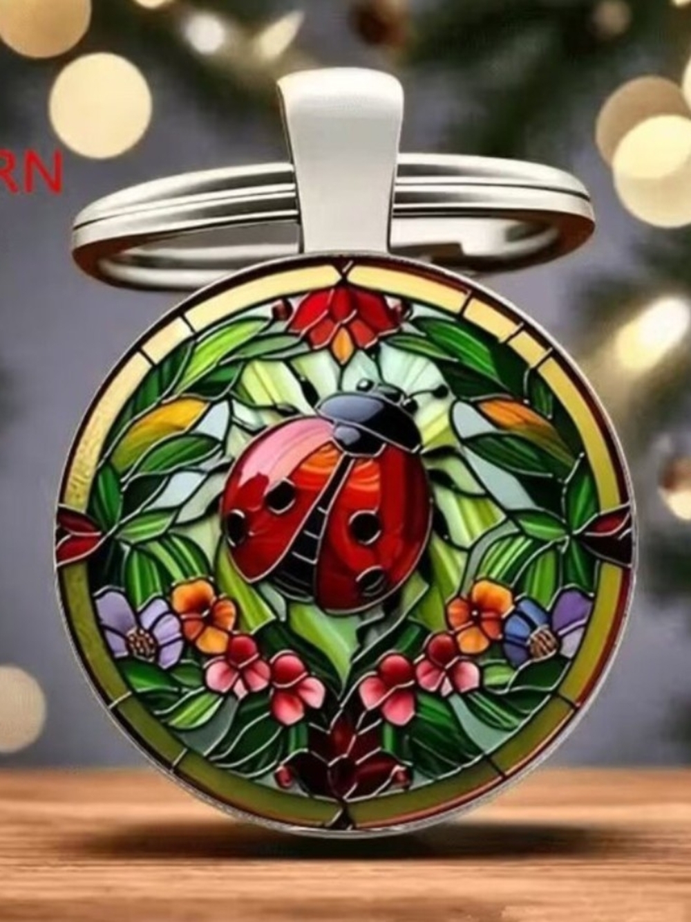 Ladybug Stained-Glass Style Pendant Keychain - Red & Green